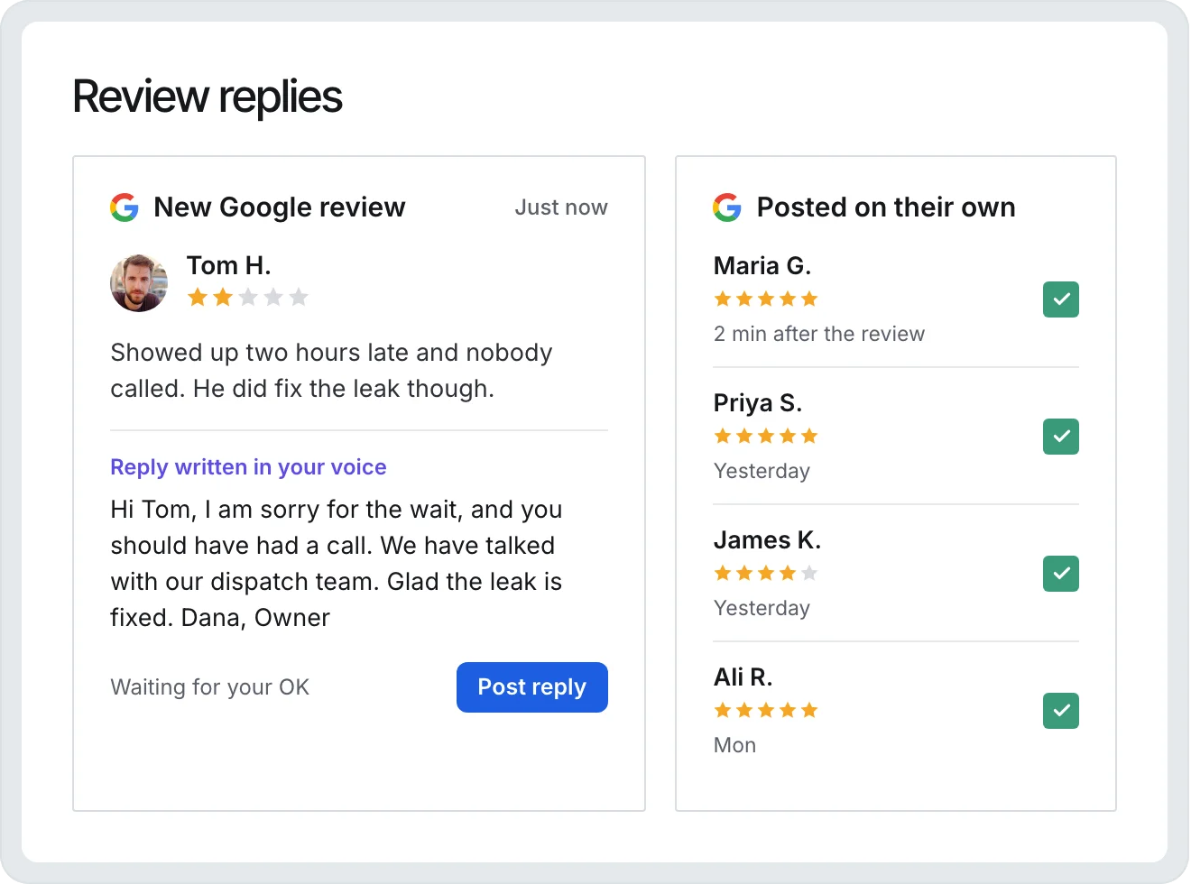 GMB Helper review replies: an AI reply to a 2 star Google review waiting for approval, beside 4 and 5 star replies that posted on their own