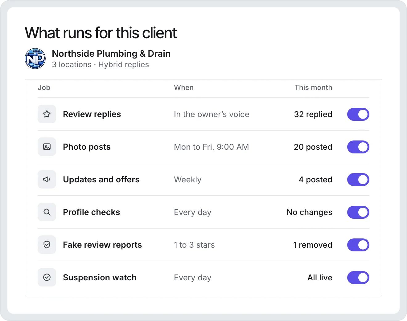 The Google profile jobs switched on for one client: review replies, photo posts, updates and offers, profile checks, fake review reports, and suspension watch, with this month's results