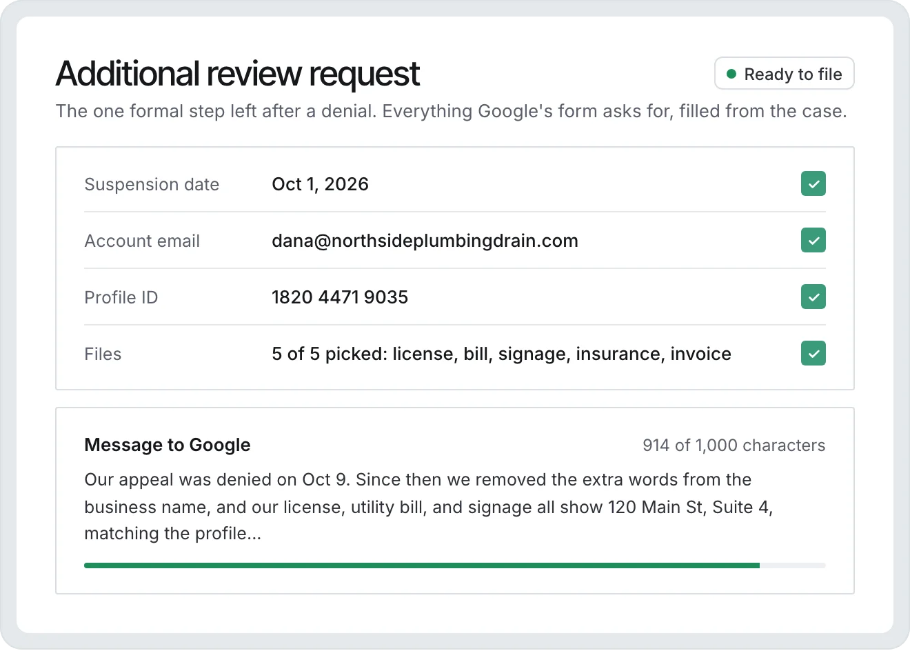 An additional review request filled from the case: suspension date, account email, Profile ID, five files, and a message to Google under 1,000 characters