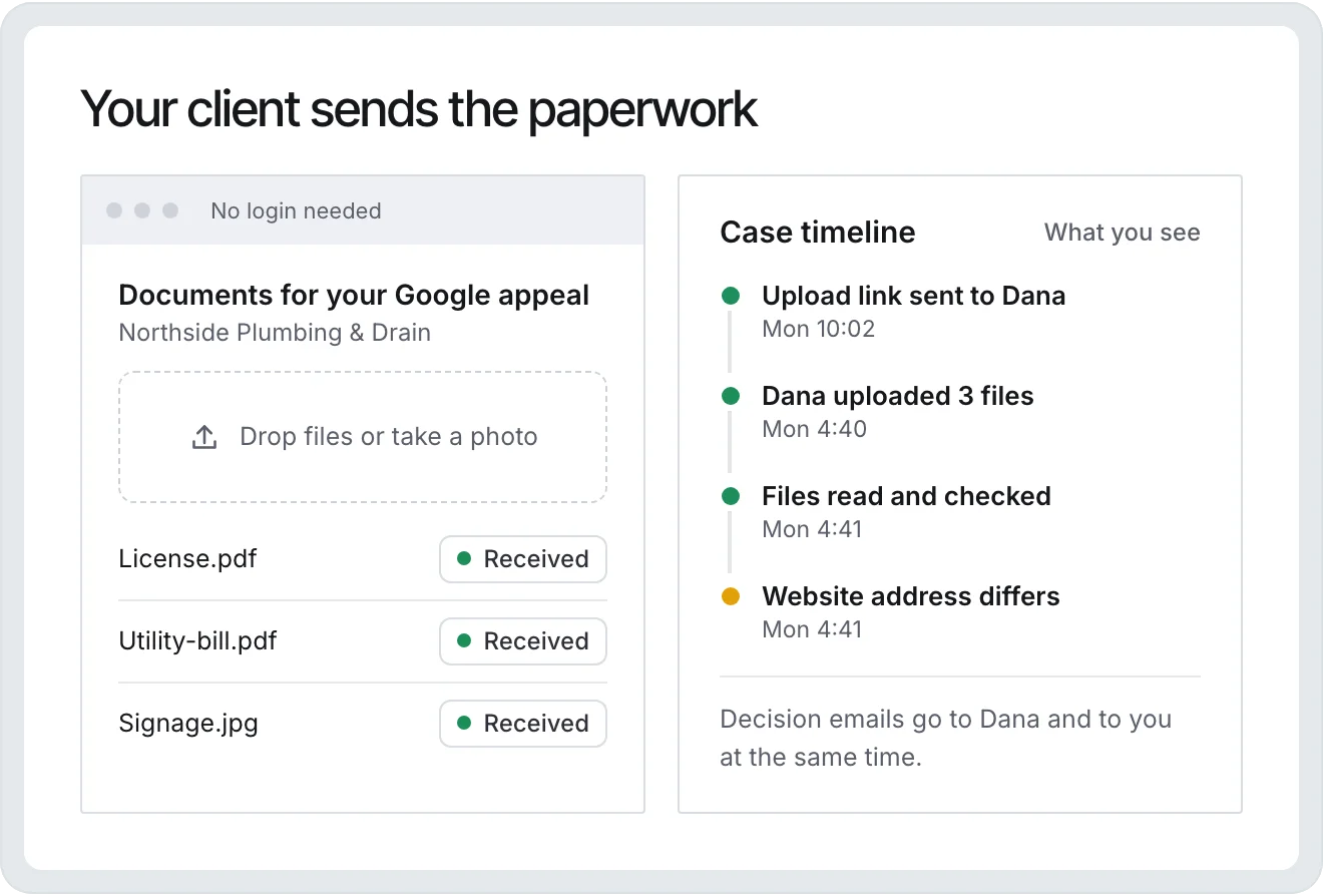 The no-login upload page a client uses to send documents for the appeal, beside the case timeline the agency sees as the files arrive and are checked