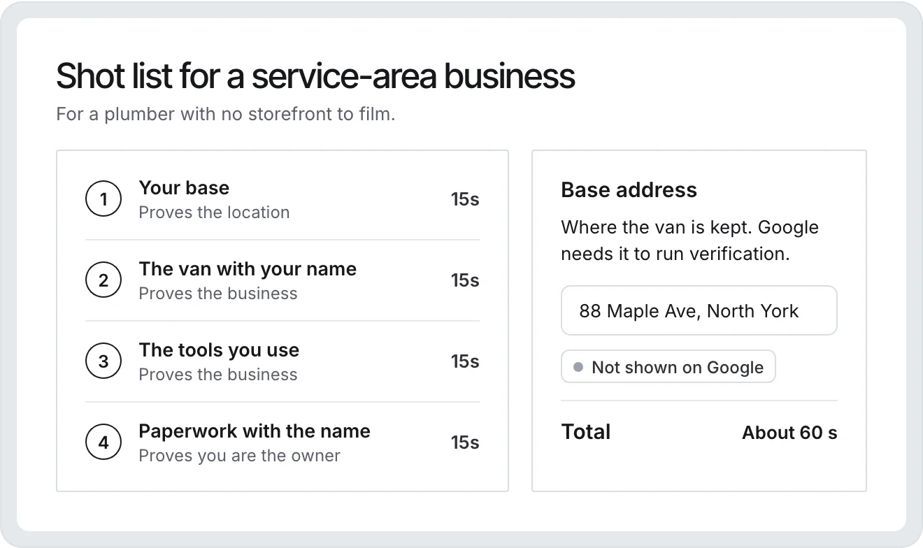 A four-shot video list for a service-area business: the base, the van with the business name, the tools, and paperwork, with the base address kept off Google