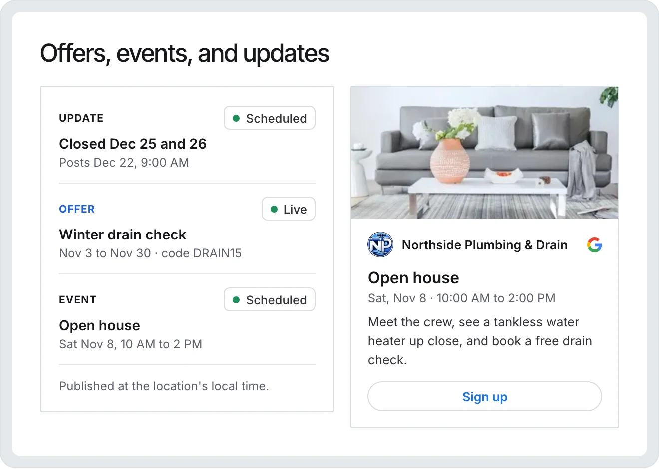 A holiday closure update, a winter offer with a coupon code, and an open house event, with the event's Google preview and its Sign up button