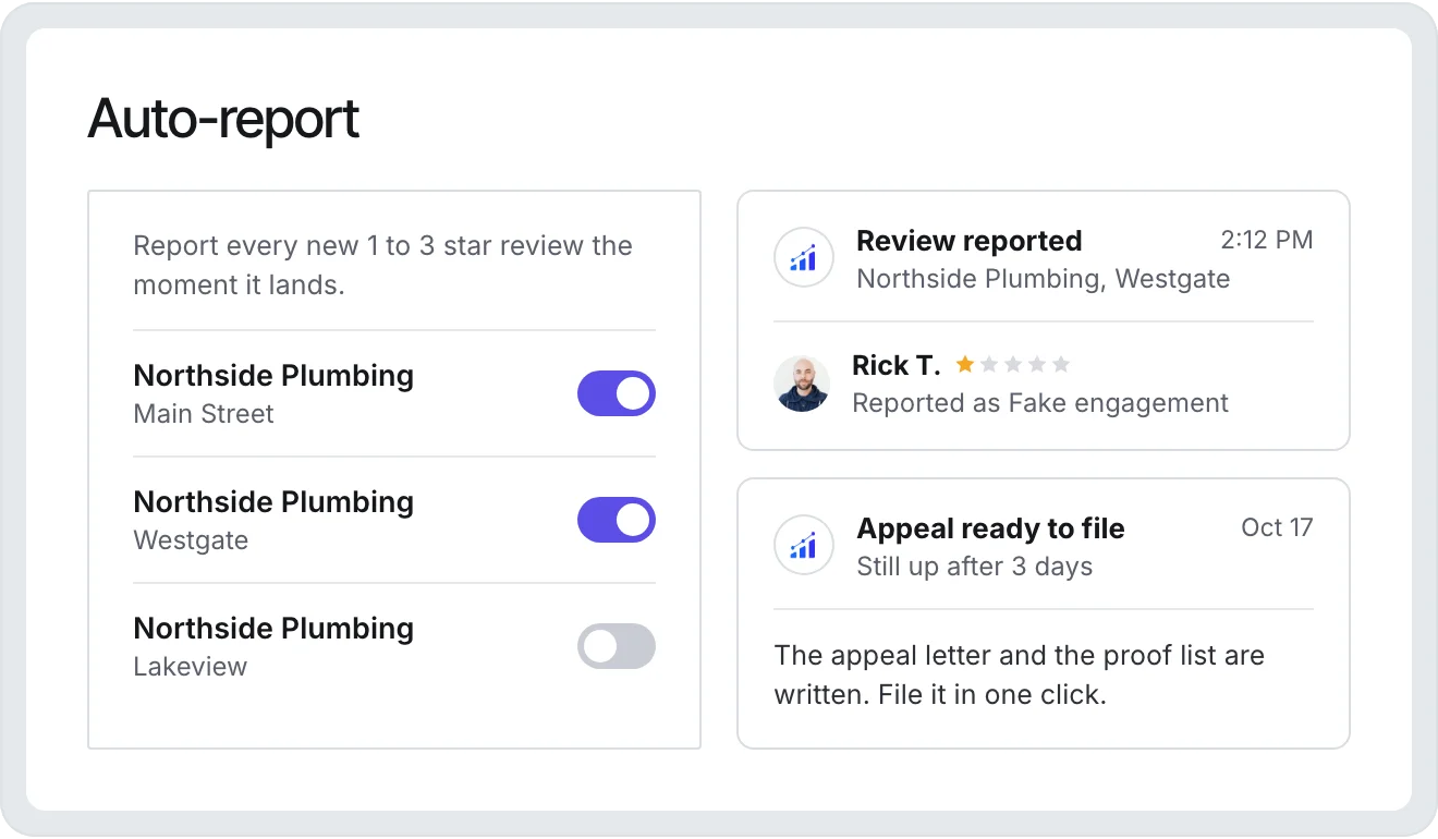 Auto-report switches for three locations, with the review reported email and the appeal ready reminder that follow