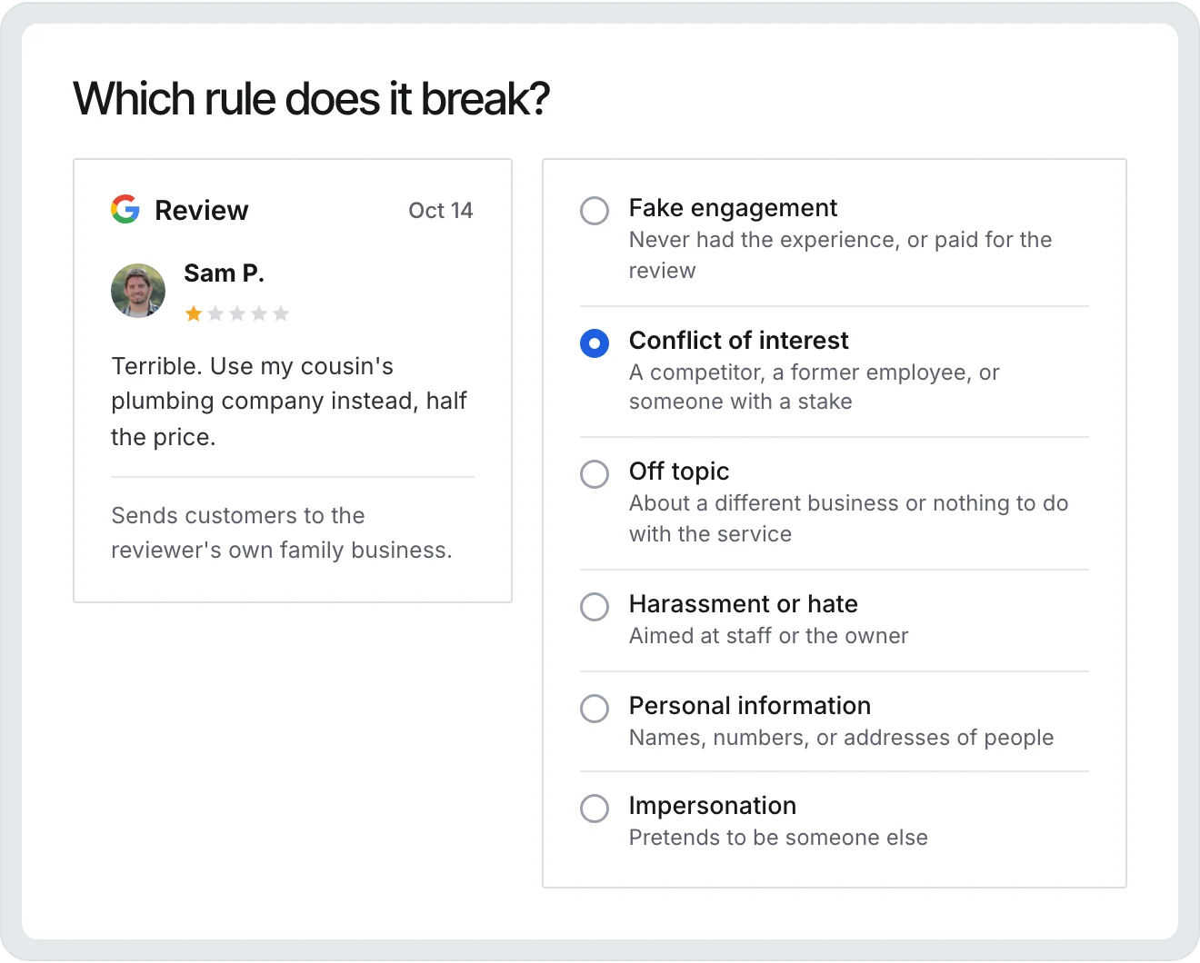 A one-star review that sends customers to a rival business, with Conflict of interest picked from the list of Google review policies