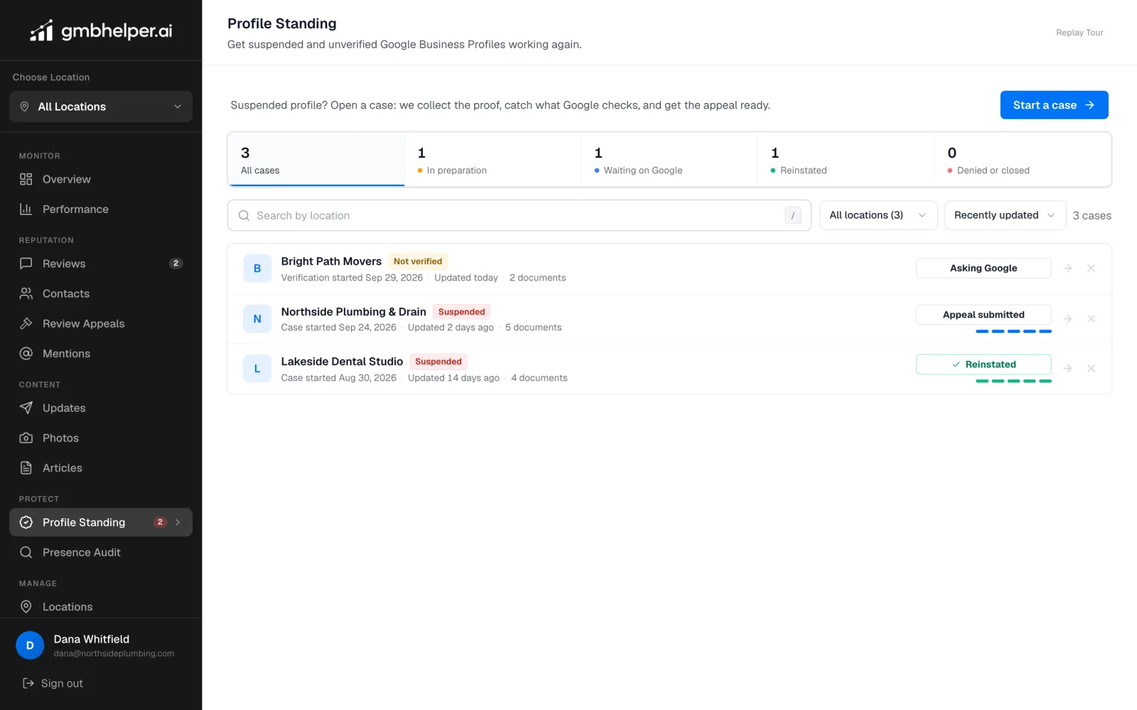 GMB Helper Suspensions screen listing a suspended profile with its appeal submitted, an unverified profile asking Google for a method, and a reinstated profile
