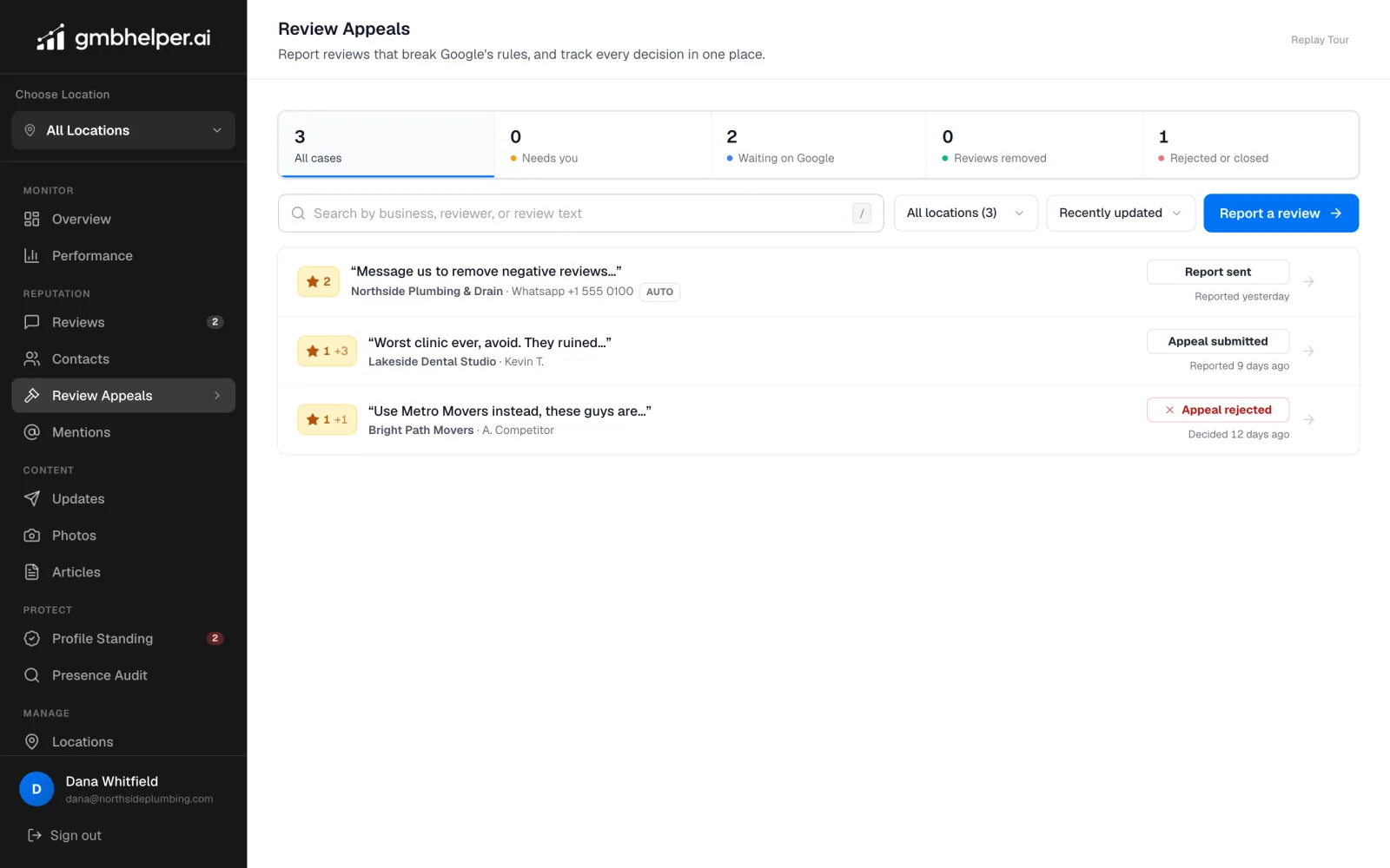 GMB Helper Review Appeals screen showing a report sent for a review-removal solicitation, an appeal submitted for a four-review attack, and one appeal Google rejected
